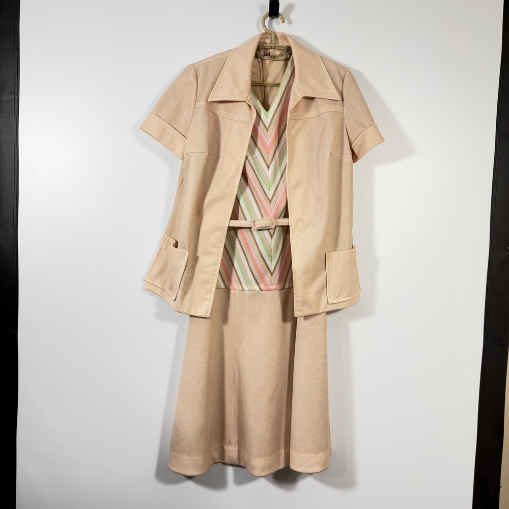 Vintage R&K Knits Beige Chevron Stripe Midi Dress & Jacket Set Size M